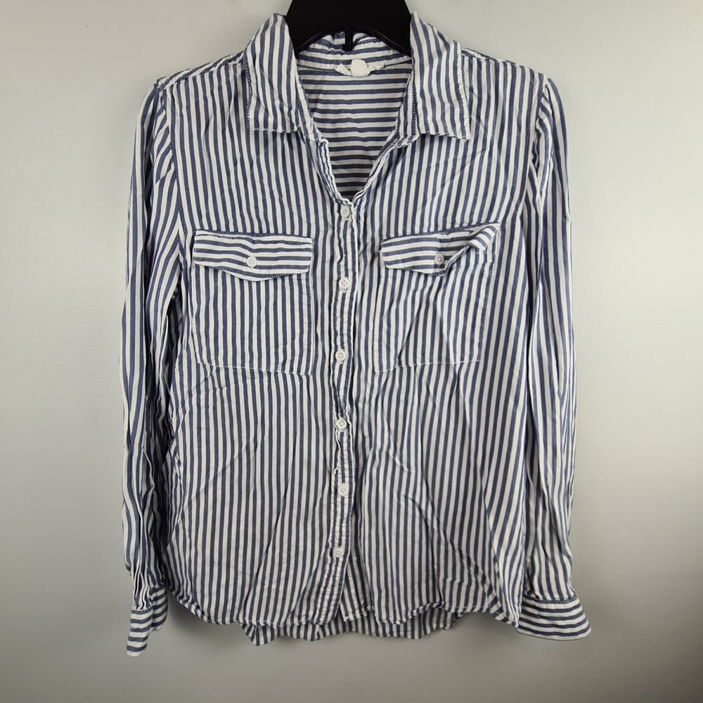 Beachlunchlounge Blue White Striped Button Down Shirt Womens Small Rayon Lyocell
